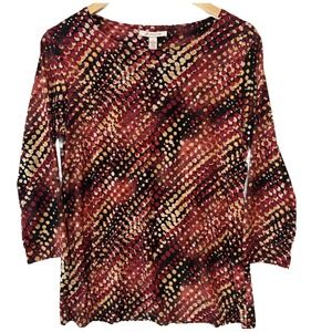 JM Collection Boho Top Womens Medium Multi Design Print Boat Neck‎ Blouse